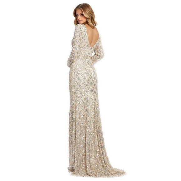 MacDuggal Lattice Sequin Long-Sleeve Gown nude sparkles size 4 - Picture 2 of 14